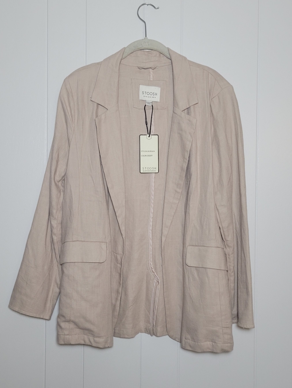 NWT Stoosh Linen Blend Blazer Jacket Cream Tan Open Front Career Boss Coastal M
